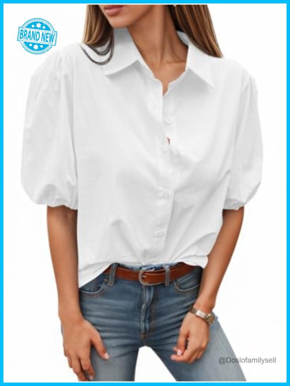 Womens Cotton Button Down Shirt Puff Sleeve V-Neck Collared Blouse